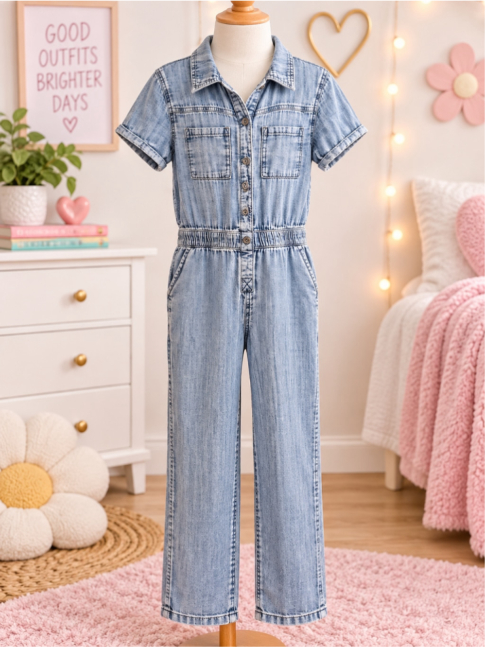 Cat & Jack Girls Denim Chambray Button Front Jumpsuit Light Wash L 10-12